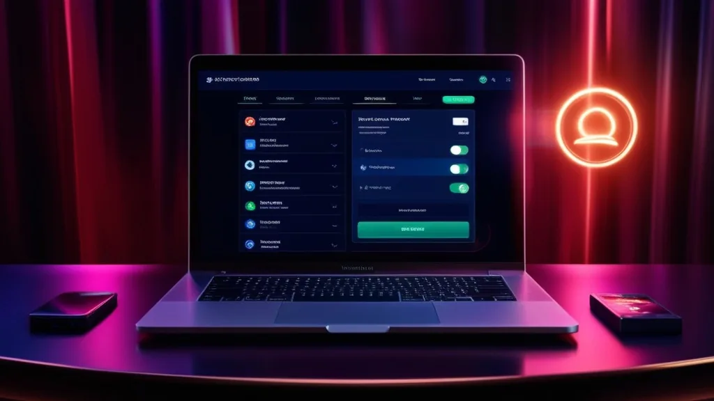 Casino account dashboard with security settings and logout controls in a dark neon scene