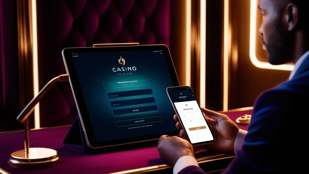 Player completing a casino sign-up and verifying an email code in a dark neon scene