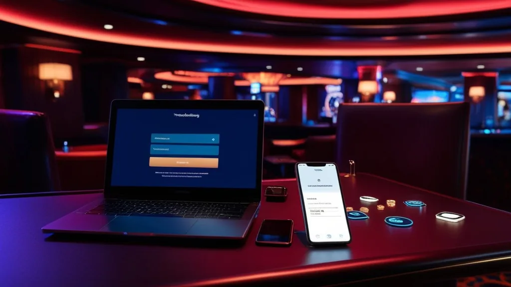 Player troubleshooting a locked casino login on a laptop with recovery email on a phone