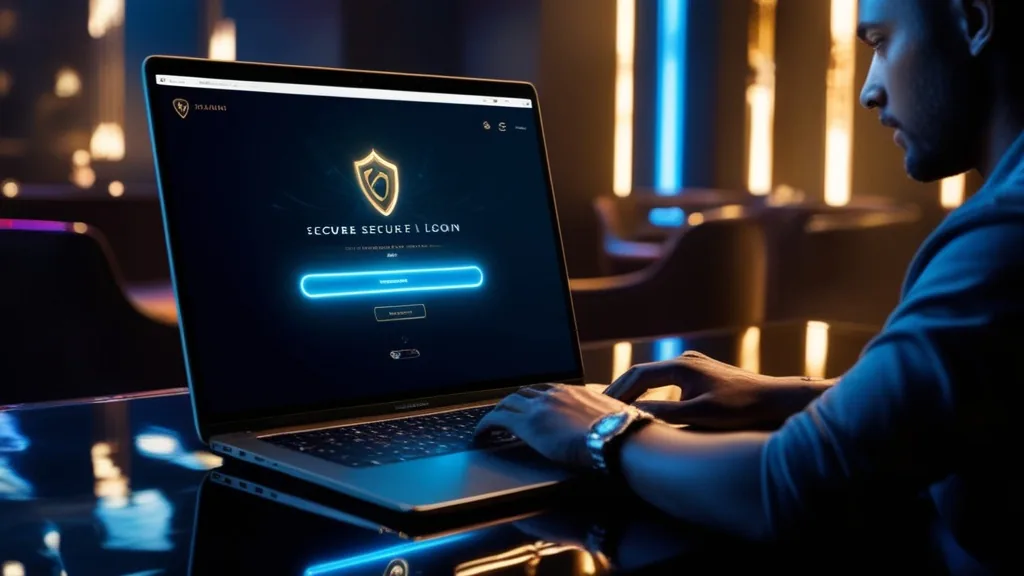 User checking a secure casino login page on a laptop in a dark neon-lit lobby
