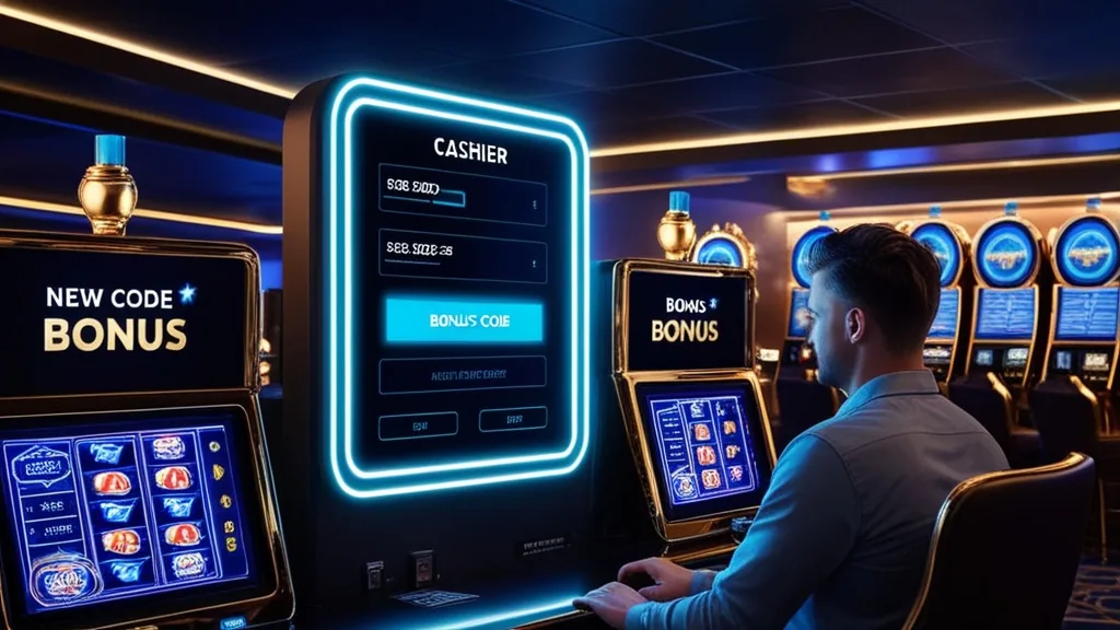 Player checking bonus code terms on a neon casino cashier screen.