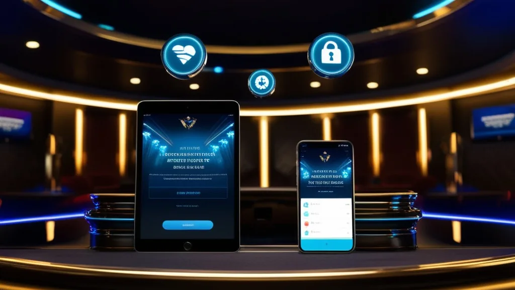 A smartphone and tablet showing casino app compatibility and permission prompts