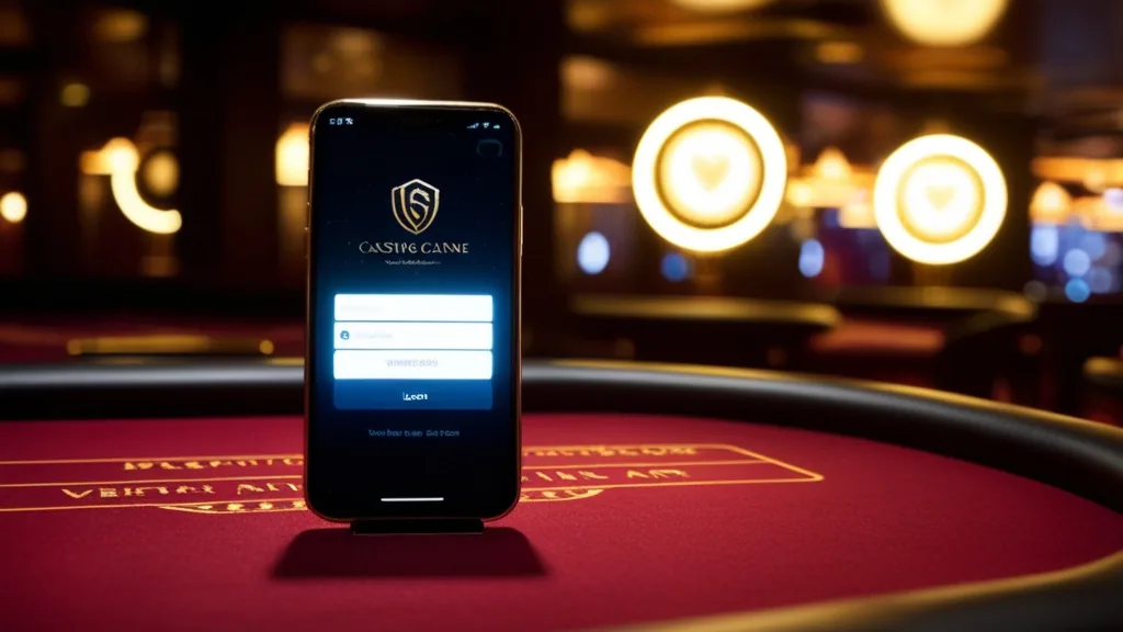 A mobile login screen inside a dark neon casino scene