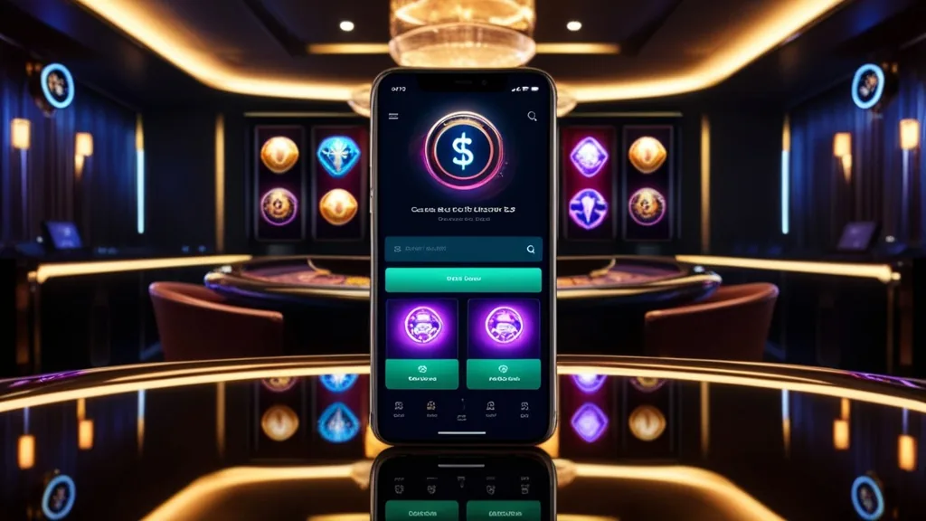 A smartphone showing a mobile casino lobby in a dark neon casino setting