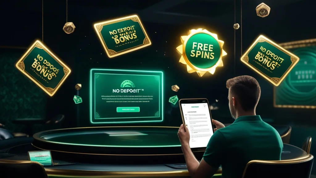 Player reviewing a no deposit bonus offer on a glowing casino screen.