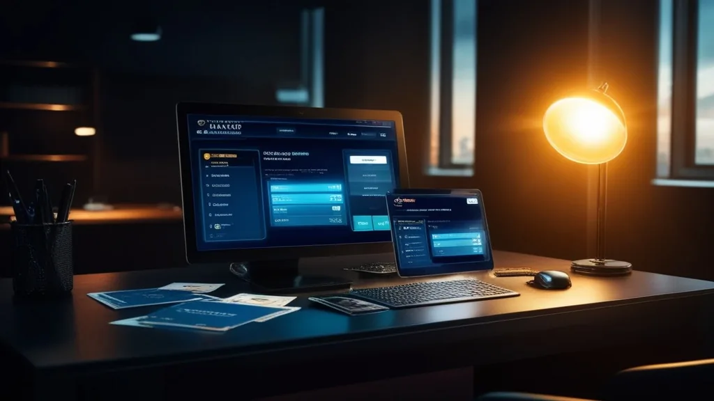 A dark casino verification desk with documents and payment cards