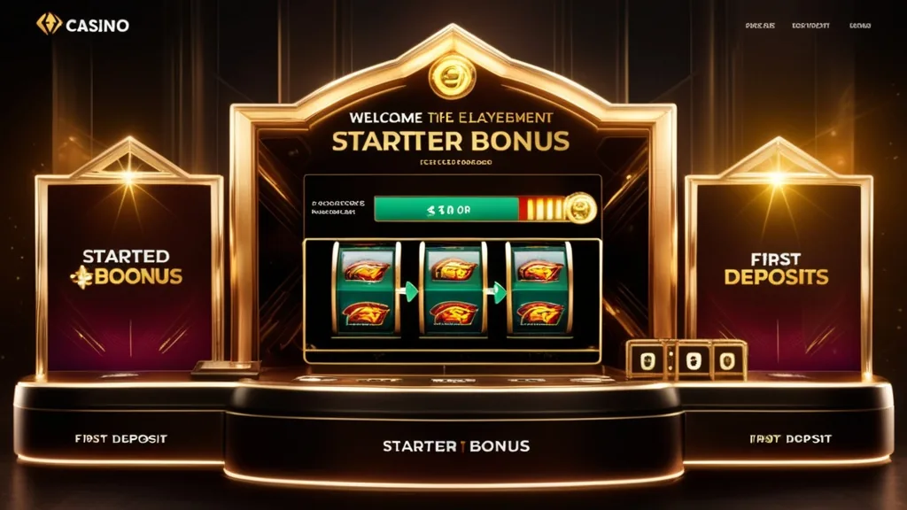 Casino newcomer reviewing a welcome offer beside glowing slot reels.