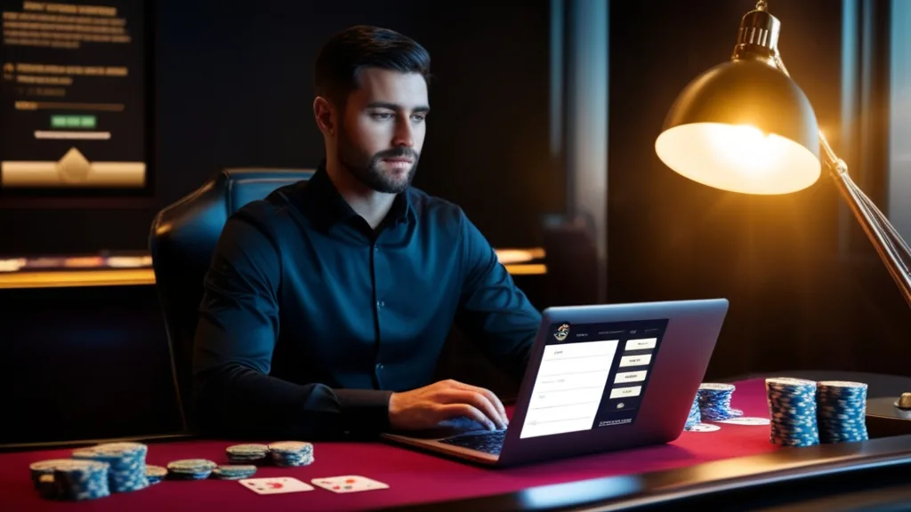 A player carefully completing a casino withdrawal form on a laptop