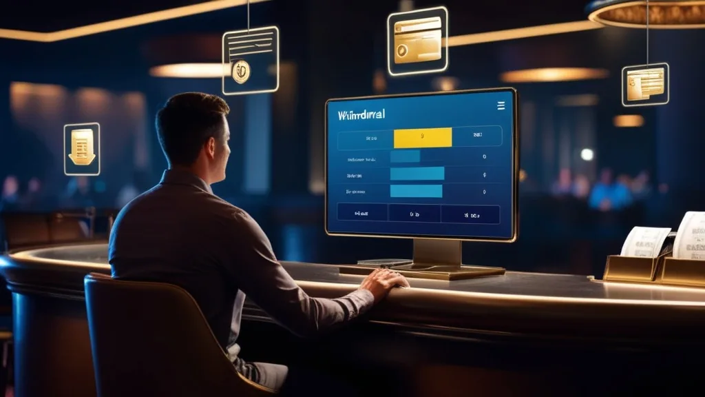 A withdrawal status screen with a player waiting in a moody casino lounge